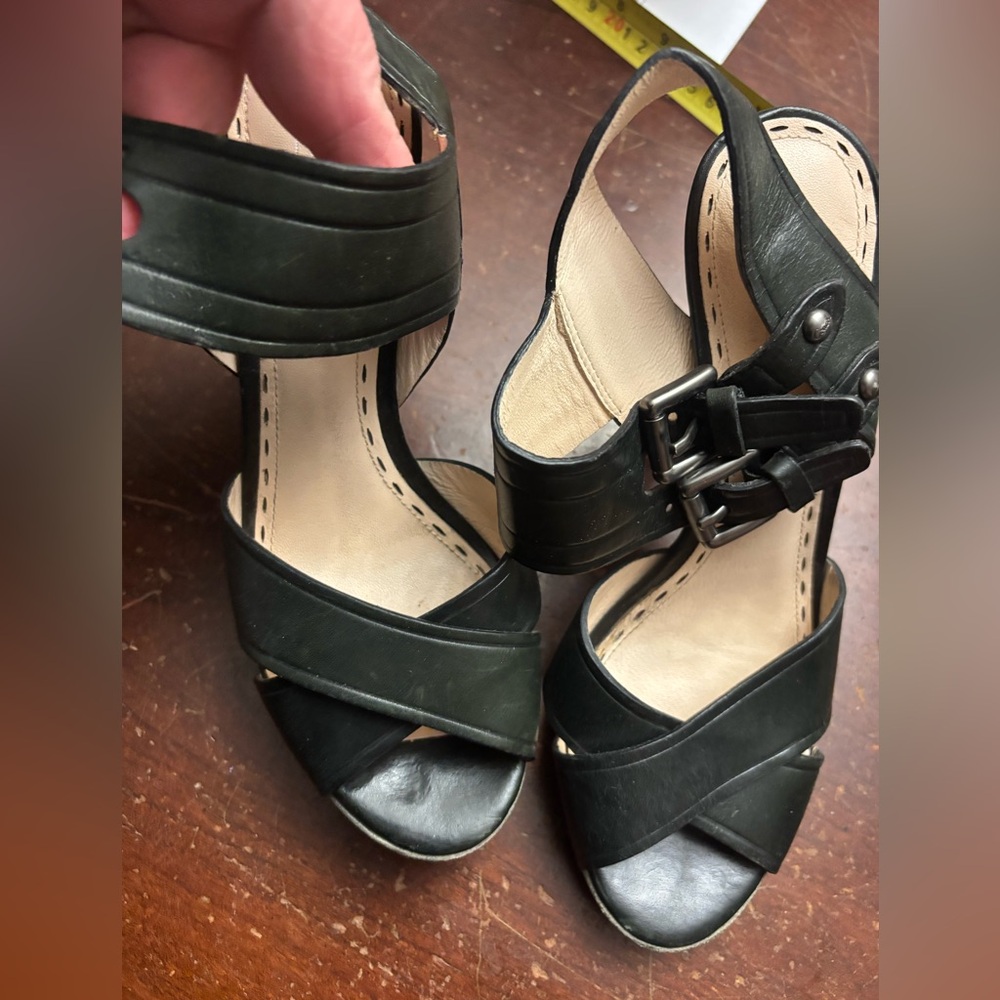 Black Leather Crisscross wide ankle strap Buckle 4” heel coach luxury party